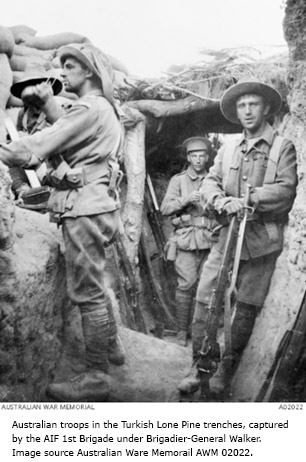Australian troops in the Turkish Lone Pine trenches